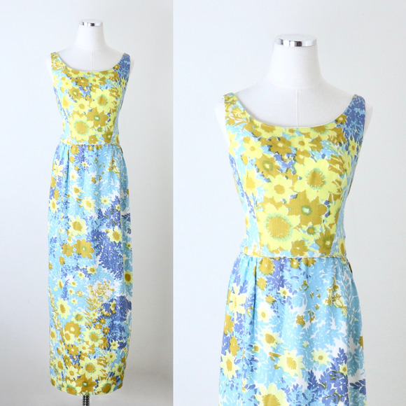 Vintage 1960s Size M Ira Curtis Low Back Maxi Cocktail Dress Sun Flower Print